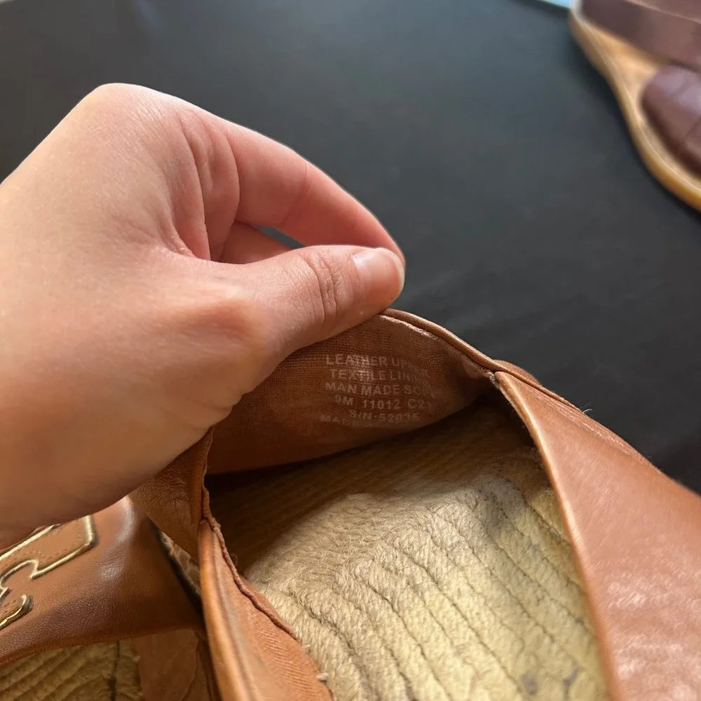 Tory Burch Women's Cognac Brown leather‎ jute espadrille flats logo